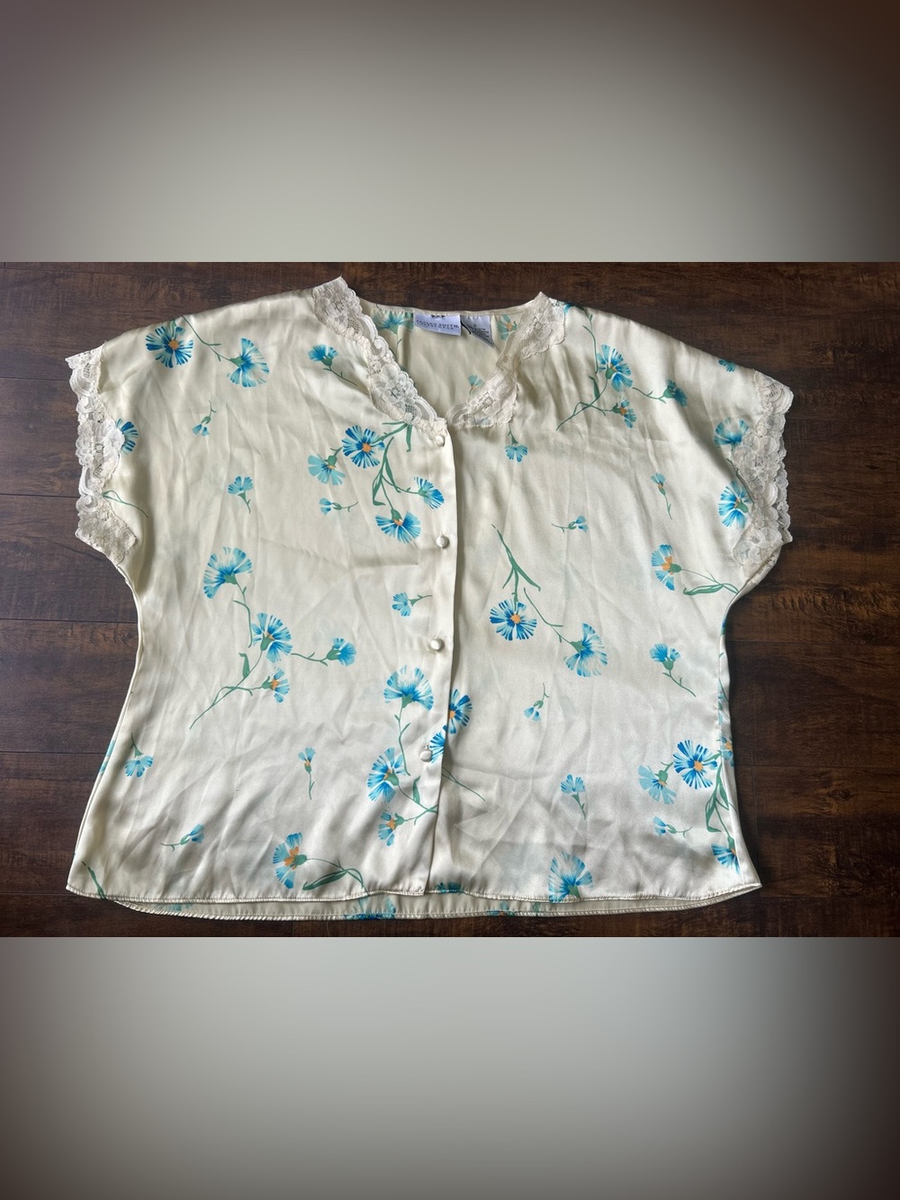 Jaclyn Smith Cream Blouse with Blue Floral Print and Lace Trim